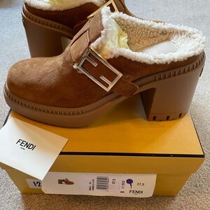 Fendi Tan Suede Mules with Shearling Lining